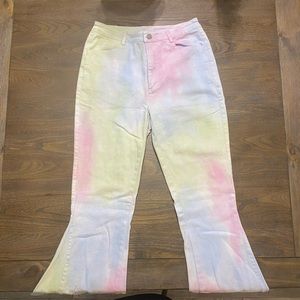 Authentic chrysanthemum tie dye flare jeans!